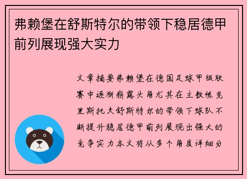 弗赖堡在舒斯特尔的带领下稳居德甲前列展现强大实力